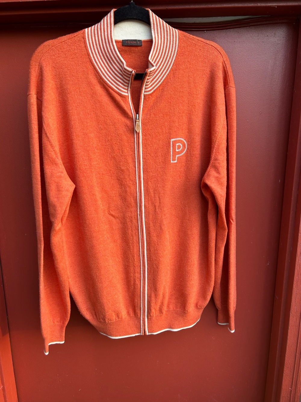ELPAPA 100% WOOL ORANGE & CREAM STRIPED ACCENTS FULL ZIP BOMBER SWEATER RETRO
